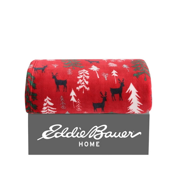 Eddie Bauer Deer Woods Red Ultra Soft Plush Fleece Throw Blanket, 60" X 50"