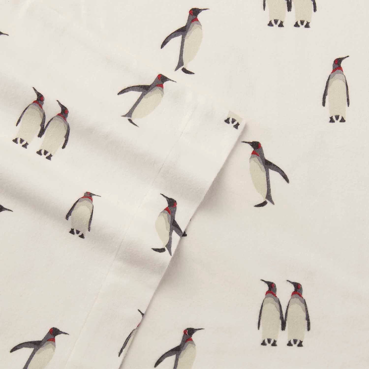 Full Gray Cotton Flannel Sheet Set with Penguin Pattern
