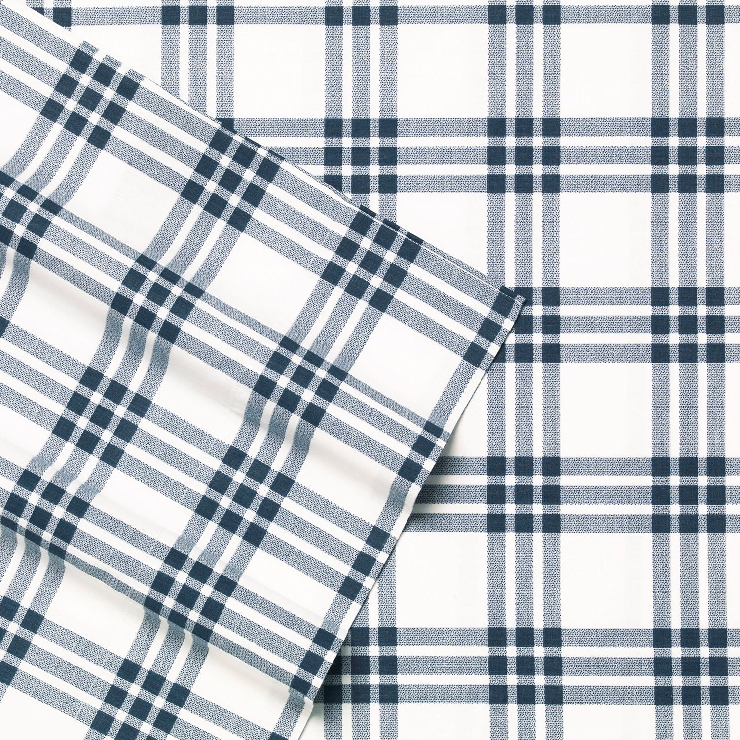 Navy and White Plaid Cotton Percale Queen Sheet Set