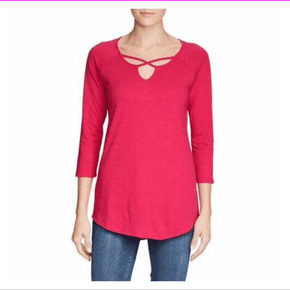 Eddie Bauer Ladies Lace-up Neck Detail Shirt tail hem Cross-Front ¾ Sleeve Tunic S/Sangria
