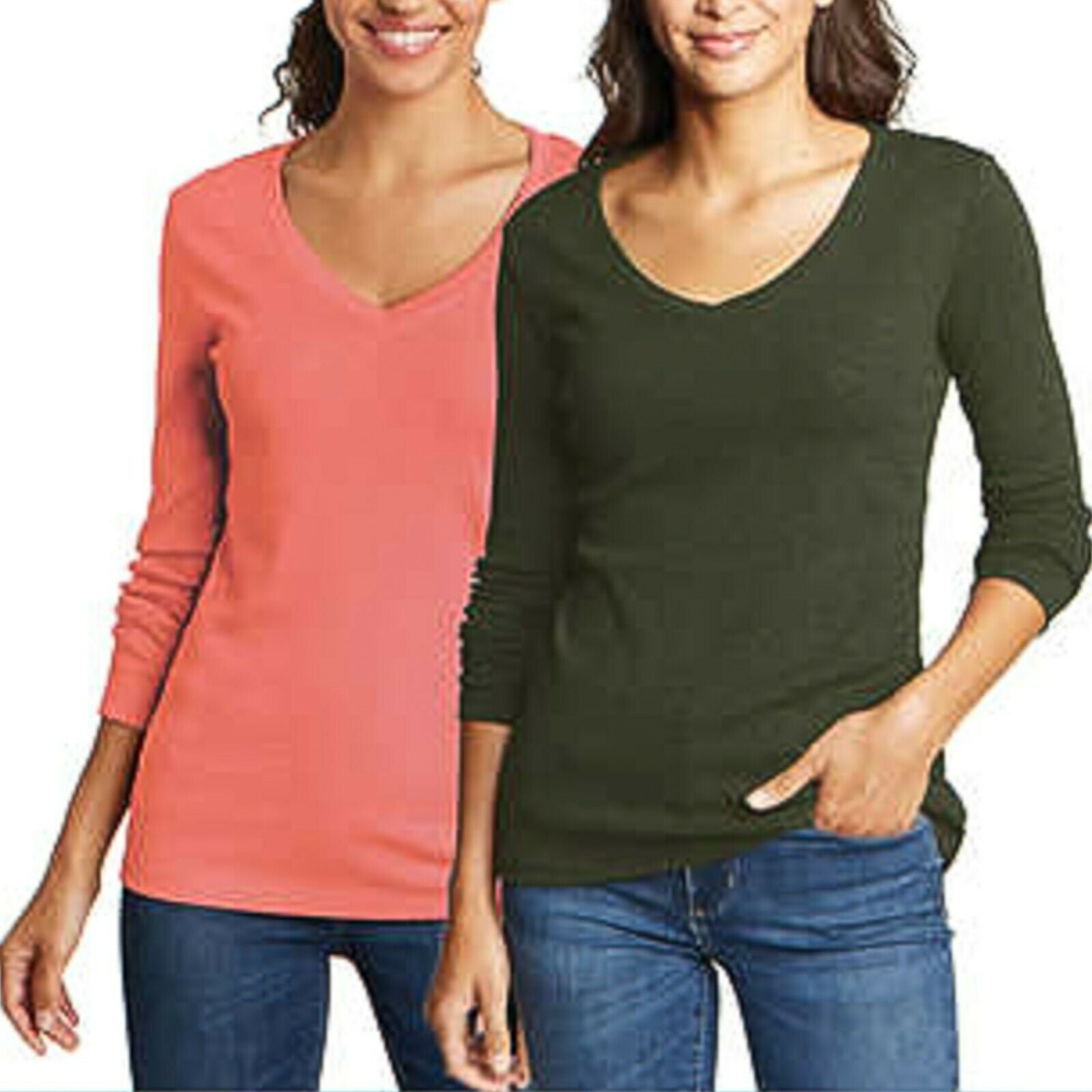 Eddie Bauer Ladies' Long Sleeve Tee 2-pack, Green/Desert Rose XS
