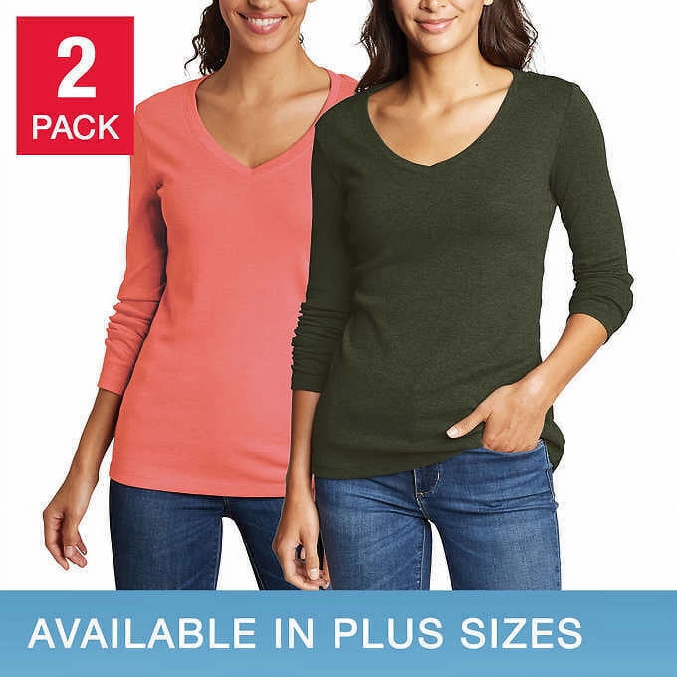 Eddie Bauer Ladies Long Sleeve Tee, 2-pack (Olive/Rose, Medium)
