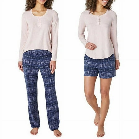 Eddie Bauer Ladies' Size Large 3-Piece Waffle Fleece Pajamas Set, Pink-Blue Geo