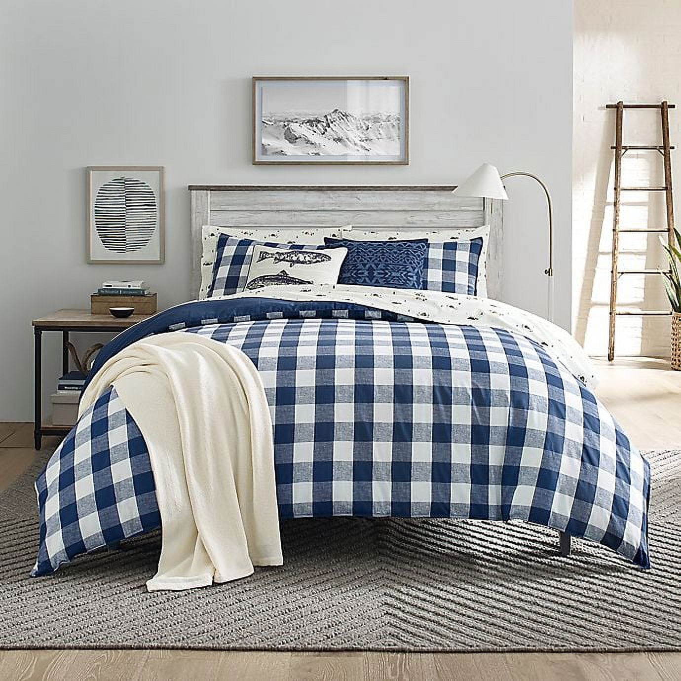 Twin Blue and White Plaid Cotton Duvet Cover Set