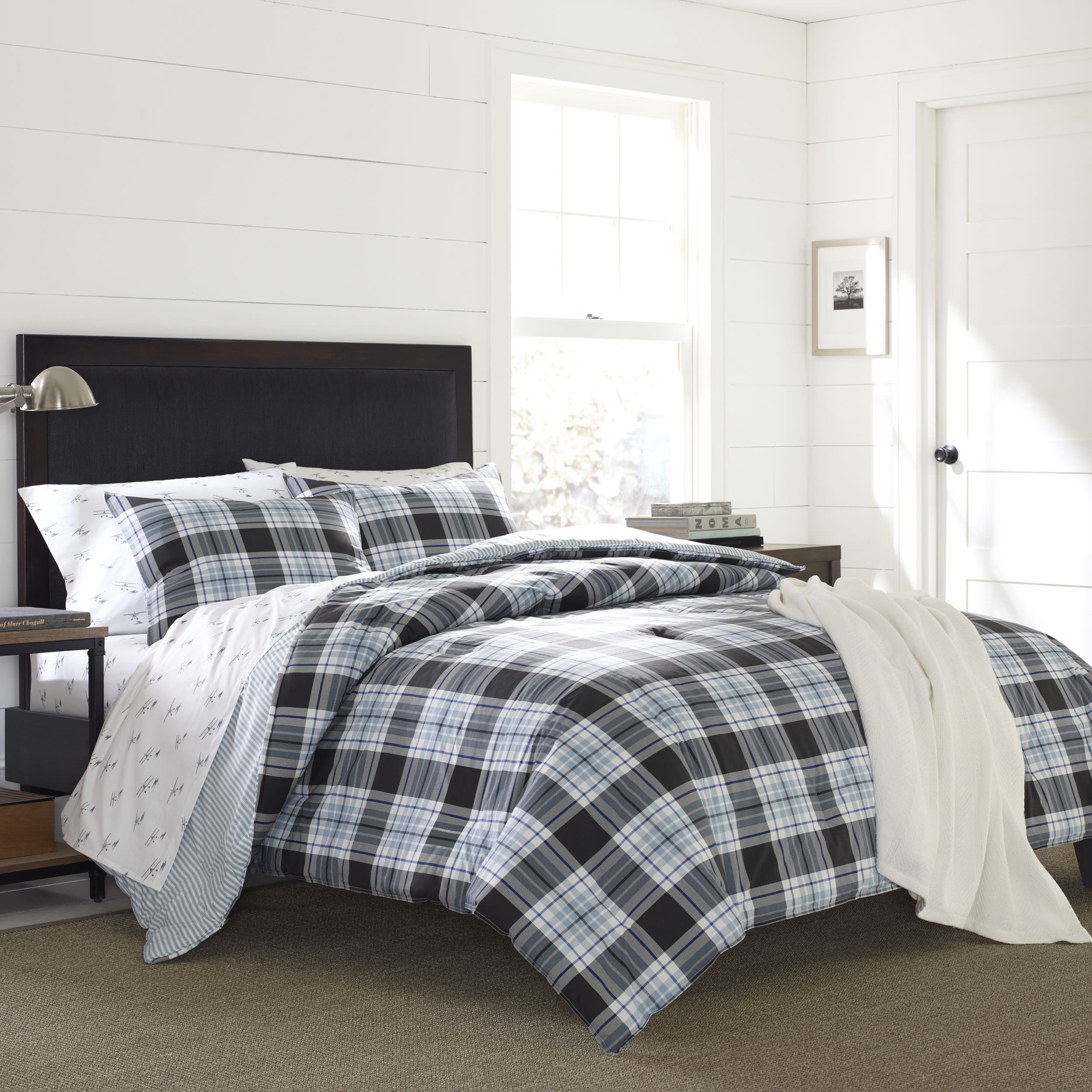 King Blue Plaid Cotton Reversible Comforter Set