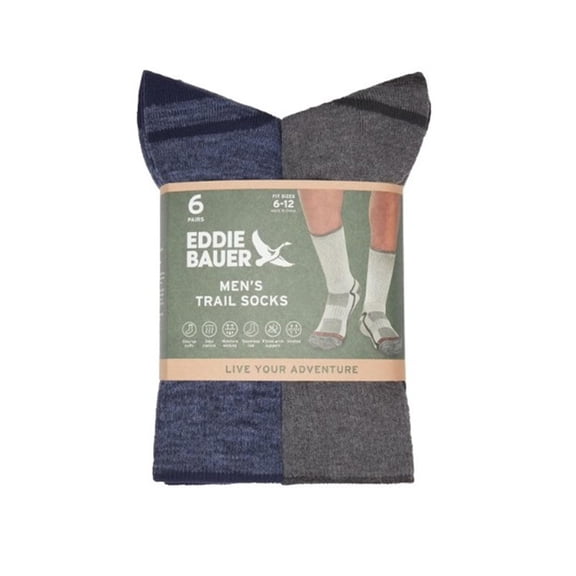 Eddie Bauer Men's 6-Pack Trail Sock, One size fits men's shoe sizes 6-12 (US, Alpha, One Size, Regular, Regular, Blue Pack)