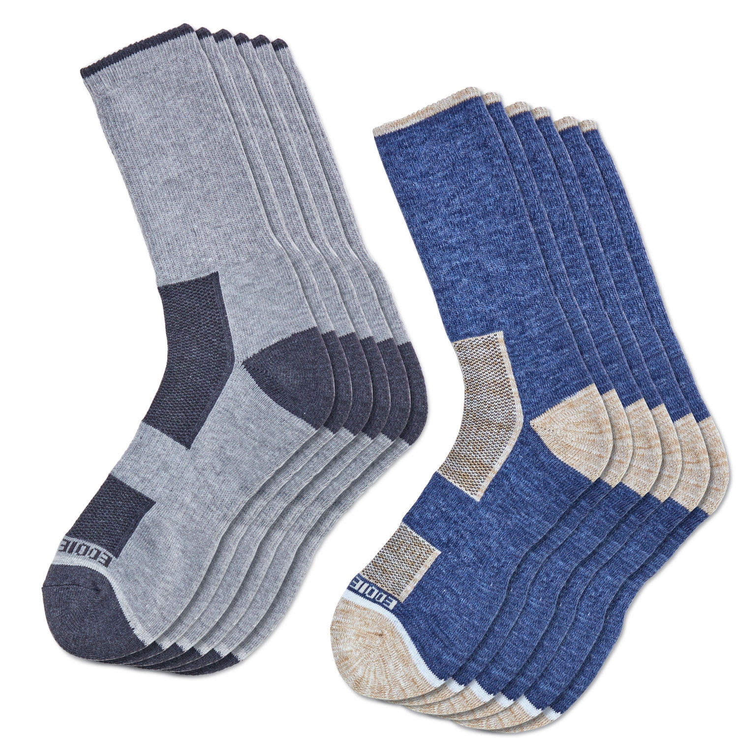 Eddie Bauer Men's 6pk Trail Socks Blue Cream / Heather Grey Sz Large (6