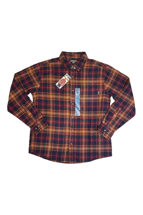 Men's Button Down Long Sleeve Cotton Bristol Flannel (Cognac Plaid, S)