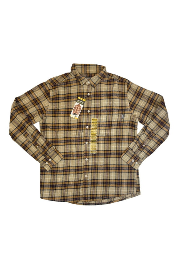 Men's Button Down Long Sleeve Cotton Bristol Flannel (Khaki Plaid, S)