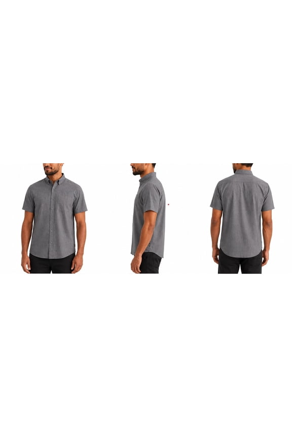 Men's Button-Up Short-Sleeve Textured Mesh Shirt - Gray - Large