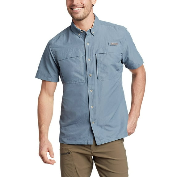 Men's Eddie Bauer UPF 50 Ripstop Guide Short Sleeve Button-Down Shirt Color: Chambray Blue Size: S