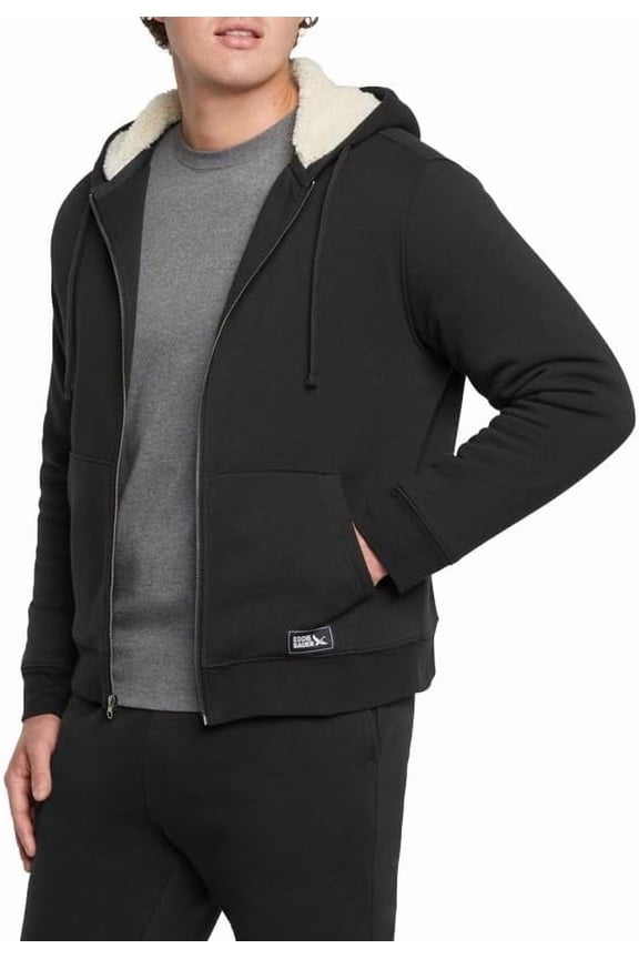 Men's Shearling-Lined Full-Zip Hoodie, Heavyweight Fleece, Relaxed Fit (BLACK/SMALL)