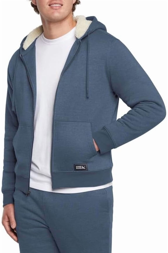 Men's Shearling-Lined Full-Zip Hoodie, Heavyweight Fleece, Relaxed Fit (BLUE/MEDIUM)