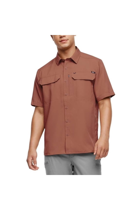 Men's Short Sleeve Woven Tech Shirt (US, Alpha, Medium, Regular, Regular, Red)
