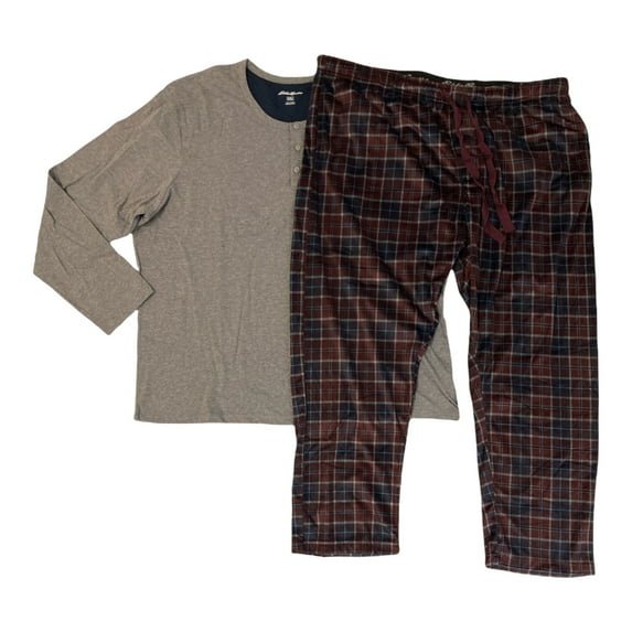 Eddie Bauer Men's Soft & Cozy Fleece Sleep Set EMW0018S (Heather Light Grey/Port Royal Plaid, S)