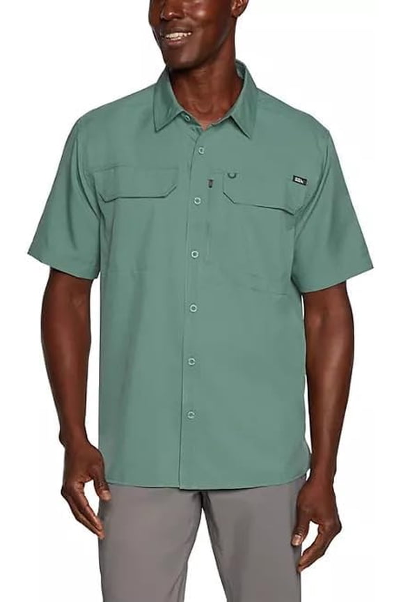 Men’s UPF 50 Sun Protection Short Sleeve Relaxed Fit Woven Tech Shirt (Green, X-Small)