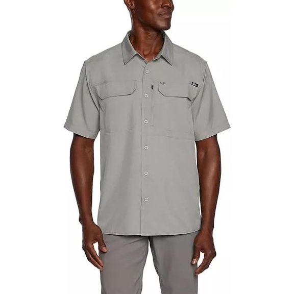 Eddie Bauer Men’s UPF 50 Sun Protection Short Sleeve Relaxed Fit Woven Tech Shirt (Grey, XX-Large)