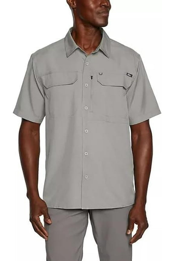 Men’s UPF 50 Sun Protection Short Sleeve Relaxed Fit Woven Tech Shirt (Grey, XX-Large)