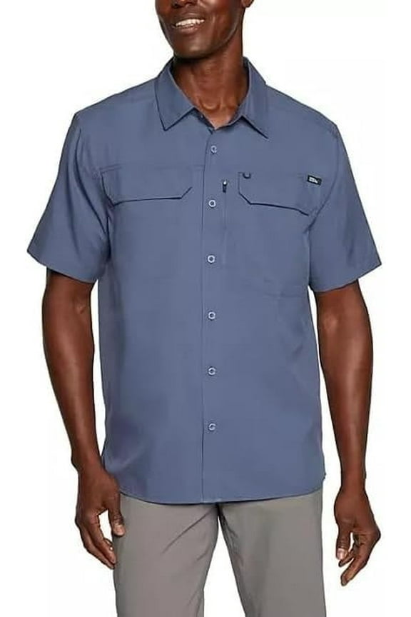 Men’s UPF 50 Sun Protection Short Sleeve Relaxed Fit Woven Tech Shirt (Navy, X-Small)