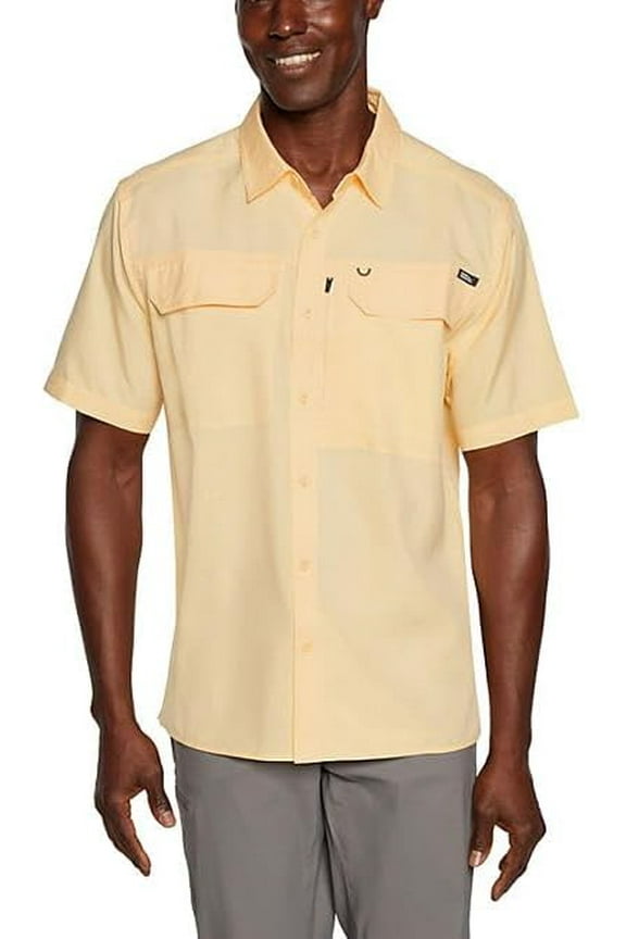 Men’s UPF 50 Sun Protection Short Sleeve Relaxed Fit Woven Tech Shirt (Yellow, 3X-Large)