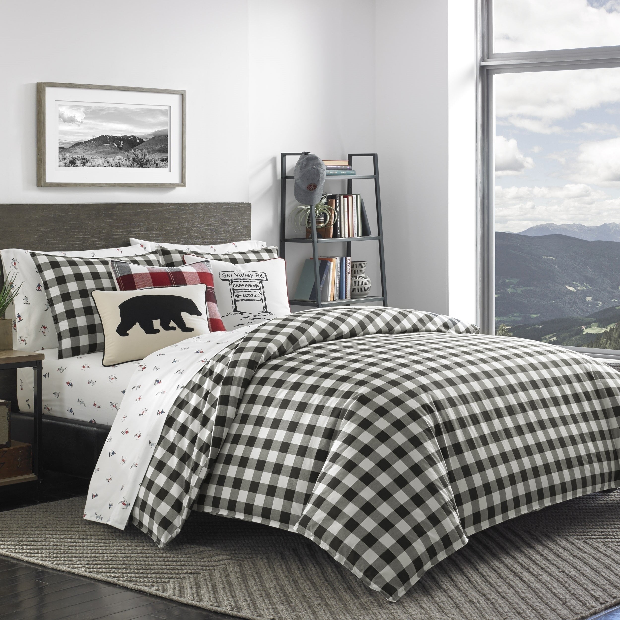 Twin Black and White Cotton Plaid Duvet Cover Set