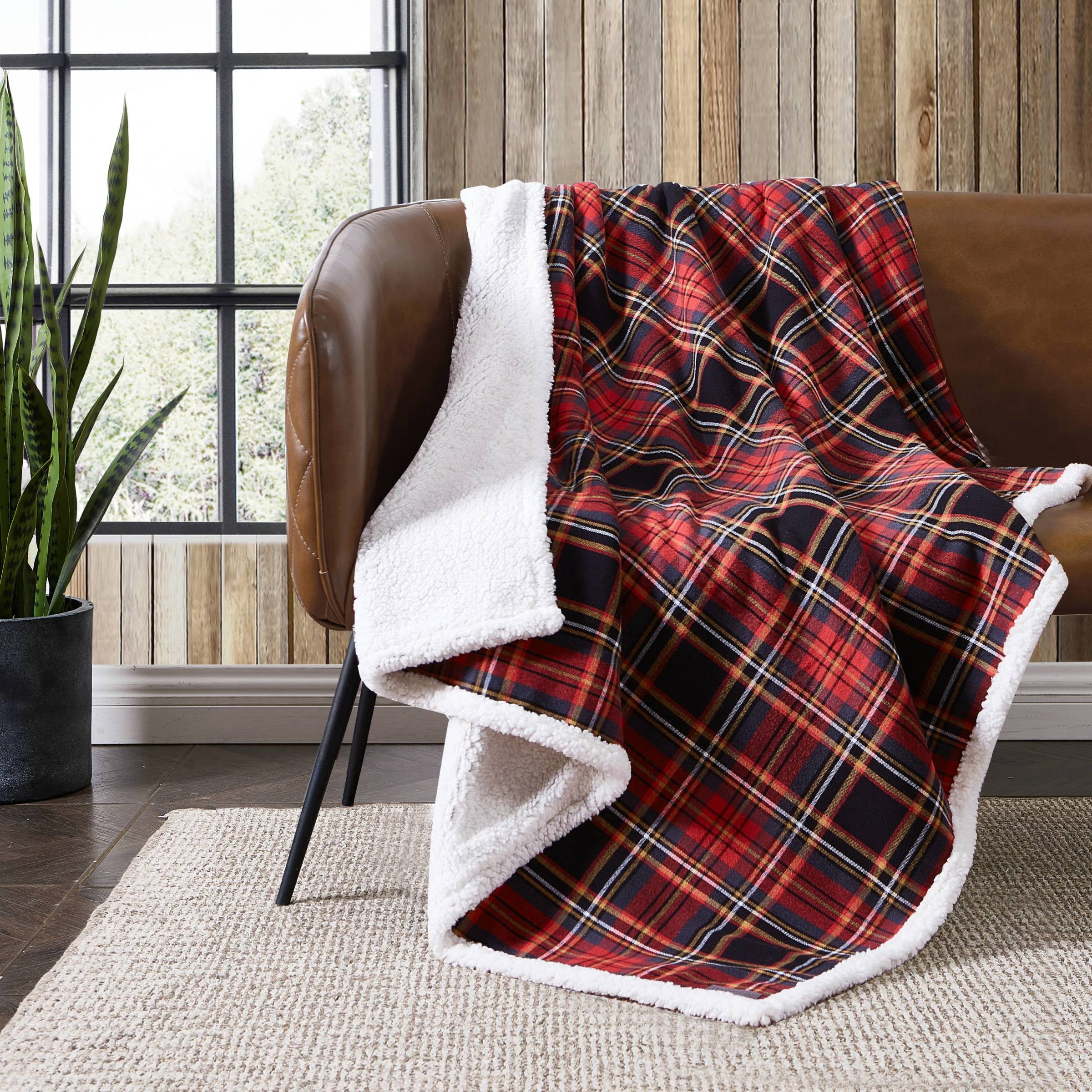 Mountain Tartan Red Cotton Flannel Sherpa Reversible Throw Blanket