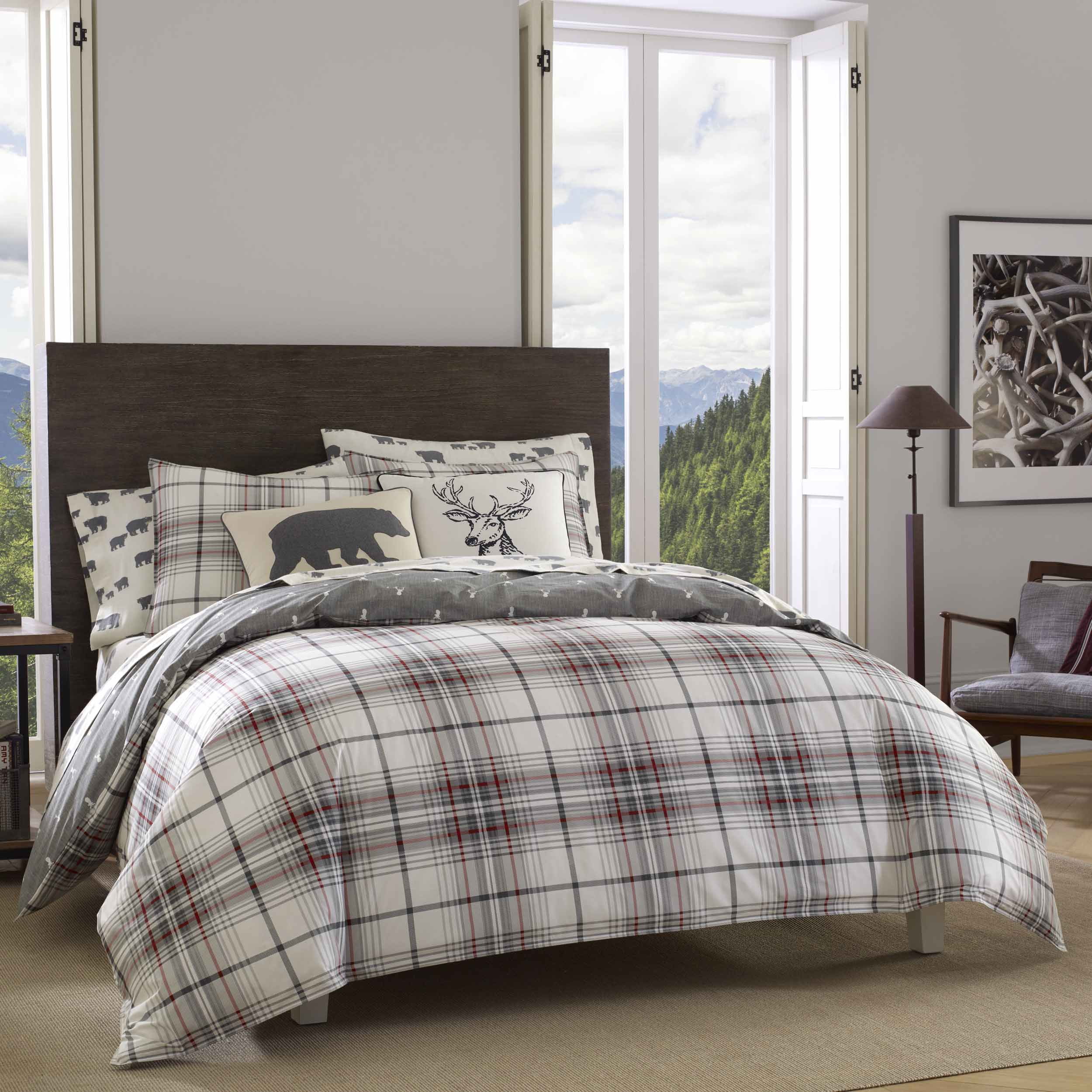 Full Gray Cotton Reversible Plaid Comforter Set