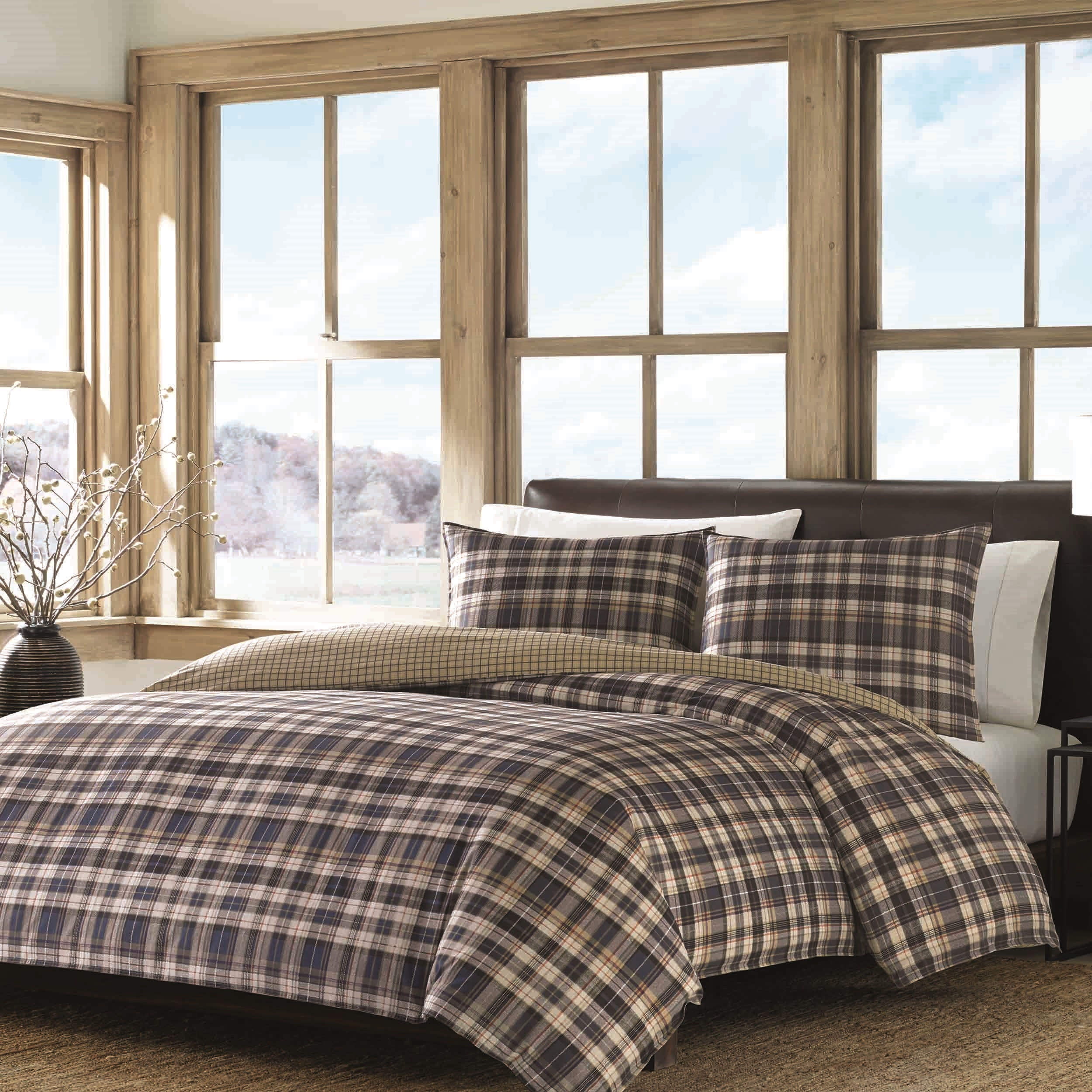 Full Navy Cotton Reversible Plaid Bedspread Cover Set