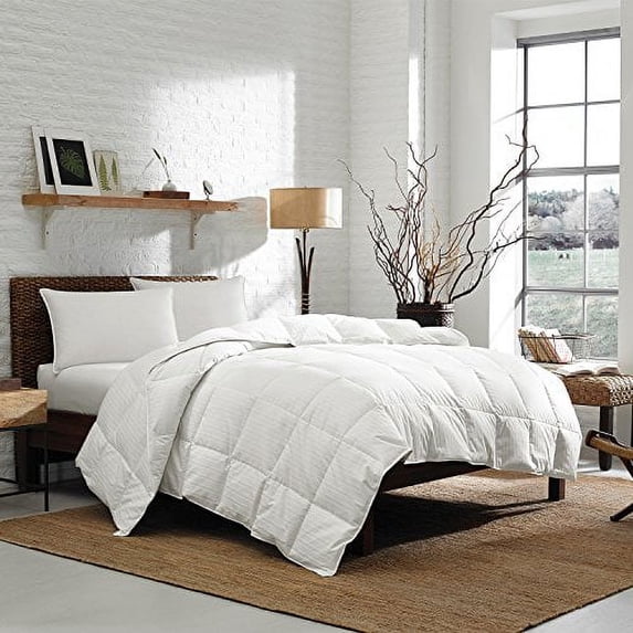 Eddie Bauer Queen 350 TC 700 Fill Power White Goose Down Comforter, Striped Damask Cotton - 90 x 98 Inches