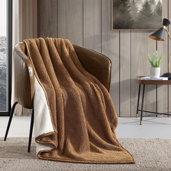 Eddie Bauer Solid Bi Colored Brown Sherpa Throw Blanket, 60" X 50"
