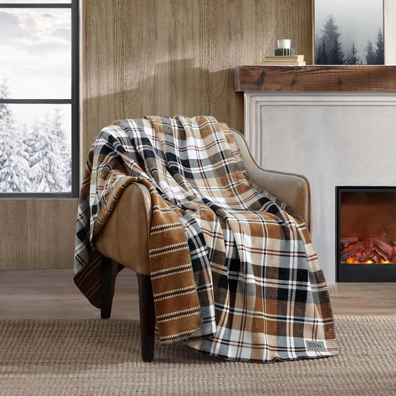 Eddie Bauer - Throw Blanket, Ultra-Soft & Reversible Plush Bedding, Blanket for Couch Bed (Trailhead Plaid Beige, 60" x 70")
