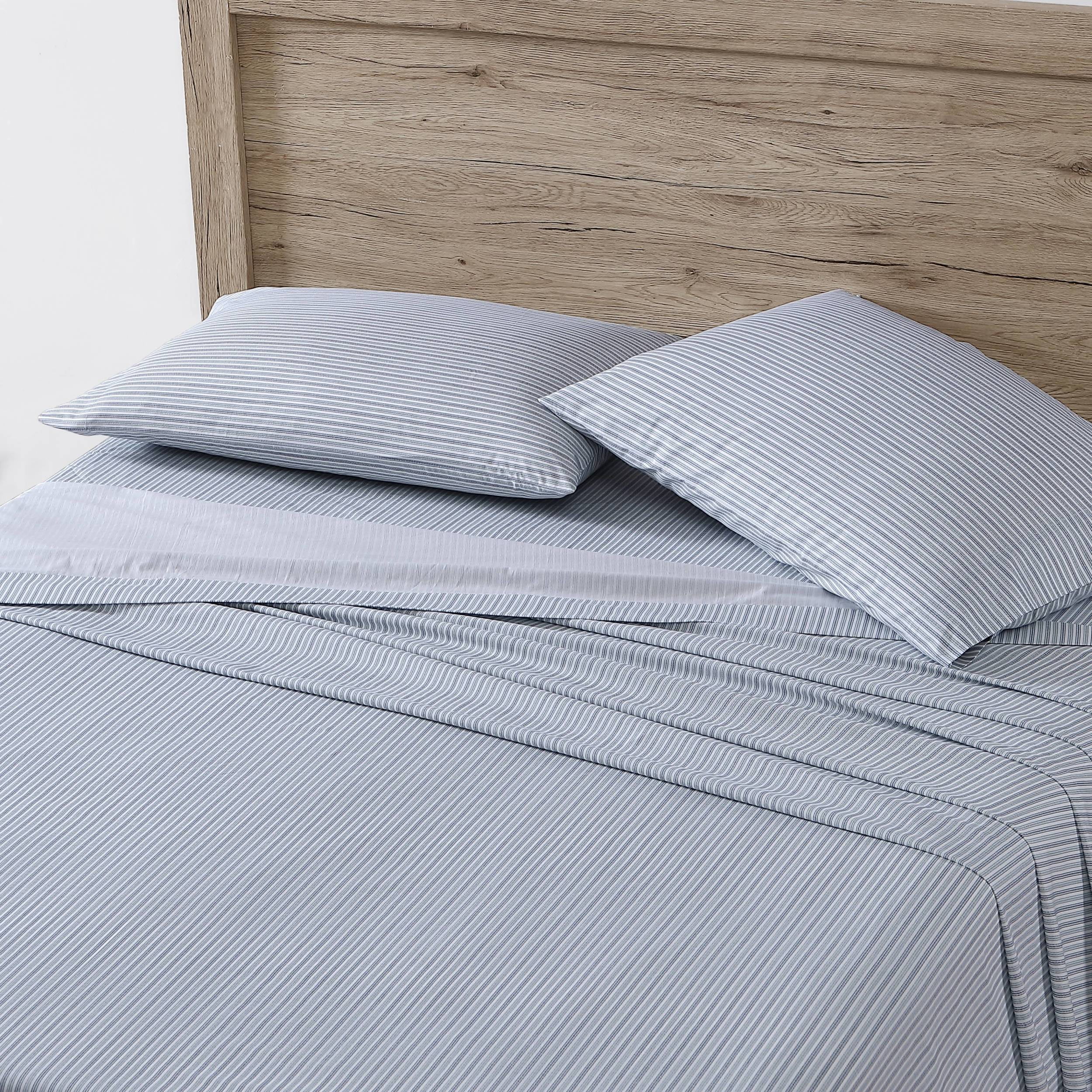 Twin Blue Stripe Cotton Percale Deep Pocket Sheet Set