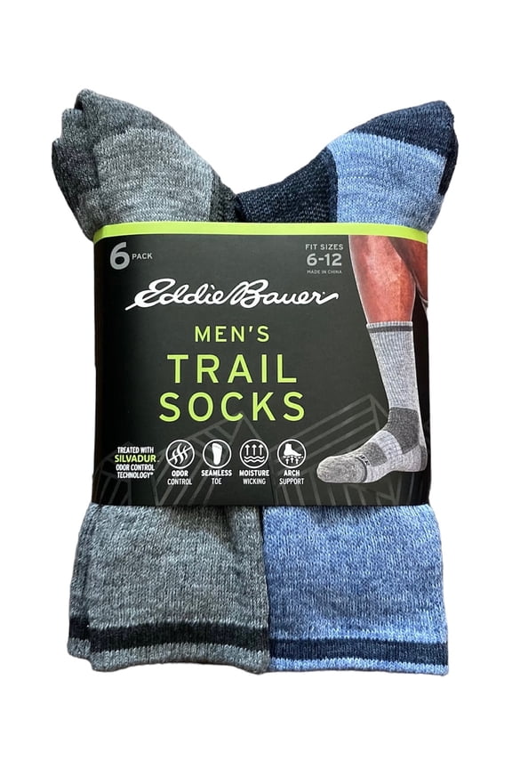 Trail Socks Blue - Gray - Black (6 Pairs) Sz Large (6-12 Men / 10-13 Wmn's)