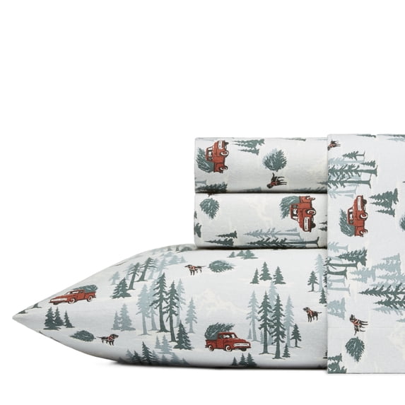 Eddie Bauer Tree Farm Orange Cotton Flannel 4 Piece Sheet Set, Queen