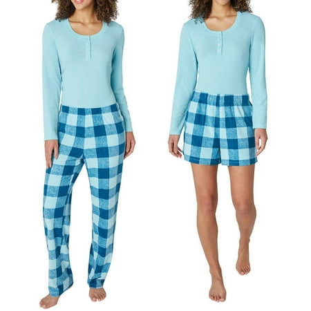 Eddie Bauer Women's 3-Piece Waffle Knit Pajama Set (Blue, XX-Large)