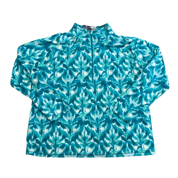 Eddie Bauer Women's Long Sleeve Polar Fleece Quarter Zip Pullover (Turq Leaf Ikat, XXL)