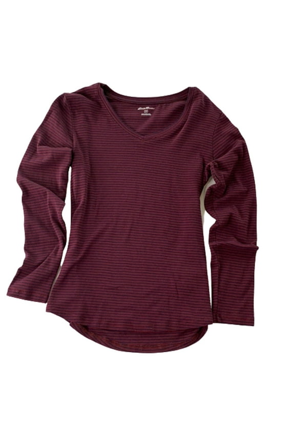 Women's Long Sleeve V-Neck T- Shirt In Merlot Navy Stripe, XXL