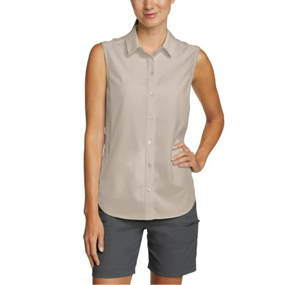 Eddie Bauer Women's Moisture Wicking Stretch Top Button Down Sleeveless Shirt (Gray, XXL)