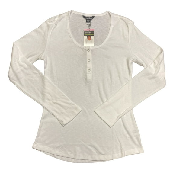 Eddie Bauer Women's Soft Ribbed Long Sleeve Scoop Snap Henley (White, XL)