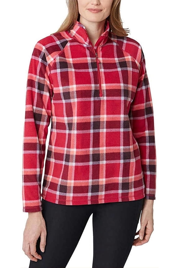 Women's Ultra Soft Fleece 1/4 Zip Long Sleeve Pullover Top (Dark Berry Plaid, Large)