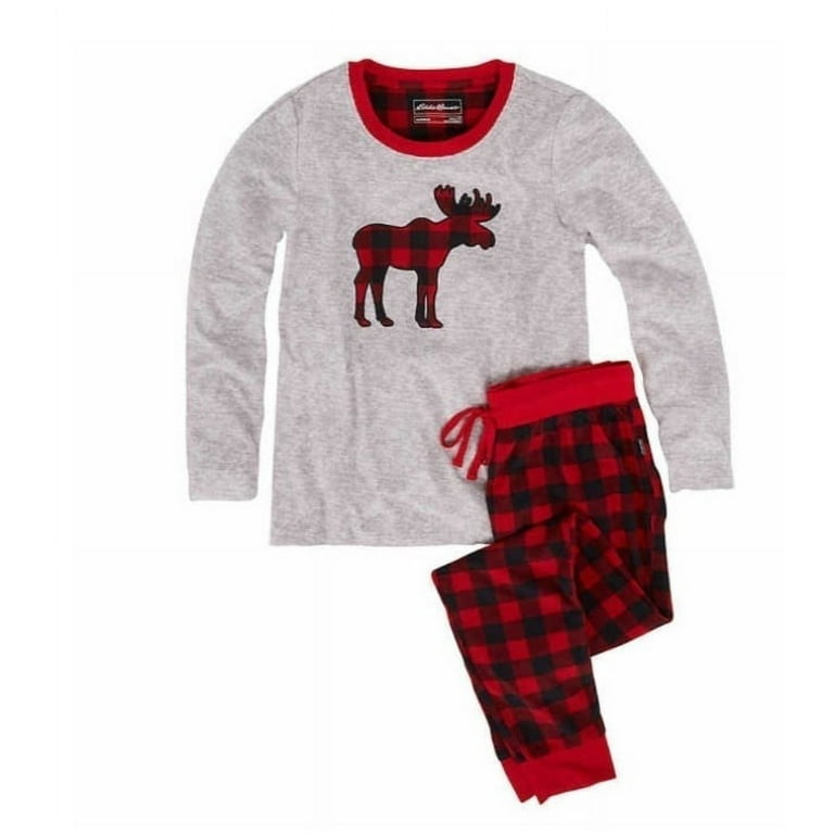Eddie Bauer Womens' Holiday Family Sleep Set-Red/Black/Gray Buffalo Check  Moose Logo Size Large 