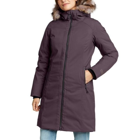 Eddie Bauer Womens Long Down Parka Coat Faux Fur Collar Purple L