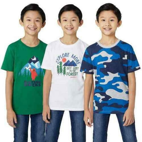 Eddie Bauer Youth Boy's 3 Pack Short Sleeve T-Shirts (Green/White/Blue, S 7/8)