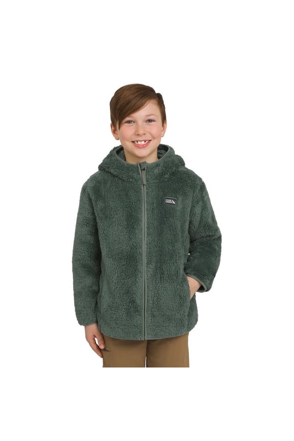 Youth Kid's High Pile Plush Hooded Full Zip Jacket (Green/Large)