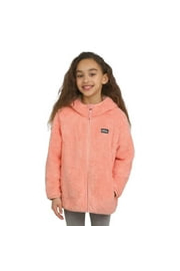 Youth Kid's High Pile Plush Hooded Full Zip Jacket (Pink/Large)
