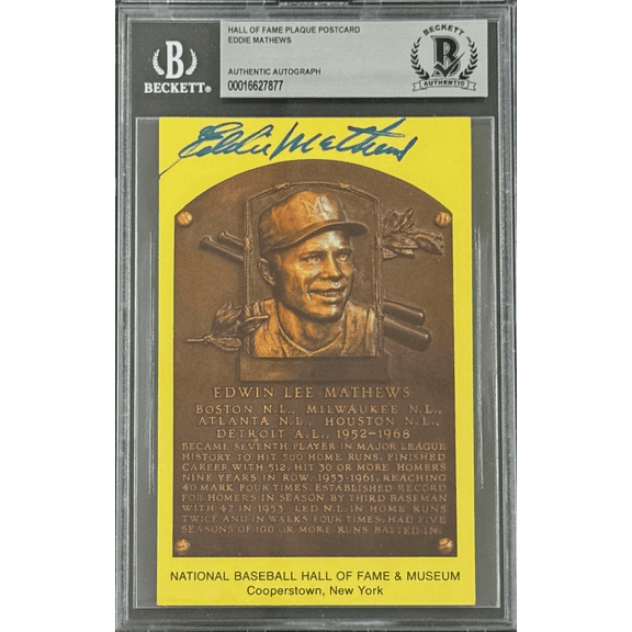 Eddie Mathews Signed Autographed Hall of Fame Plaque Postcard Beckett 16182877