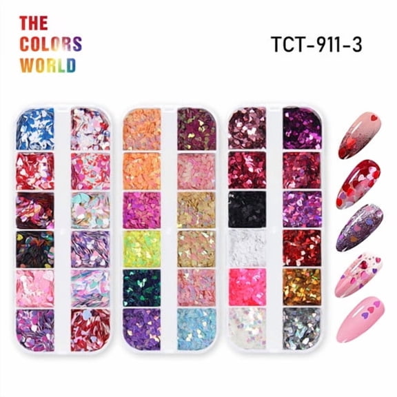 Eddiee Heart Shpae Glitter Sequins 12 Grids/Box ,3 Box/Set Valentine's Day Glitter For Nail Art Decorations, Resin Mold Fillings, Body Face Make Up, Crafts DIY