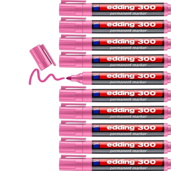 Edding 300 Permanent Marker - Pink - 10 Pens - Round Tip 1.5-3 mm - Waterproof, Quick-Drying, Smear-Proof Pens - for Cardboard, Plastic, Glass, Wood, Metal and Fabric, 4-300009