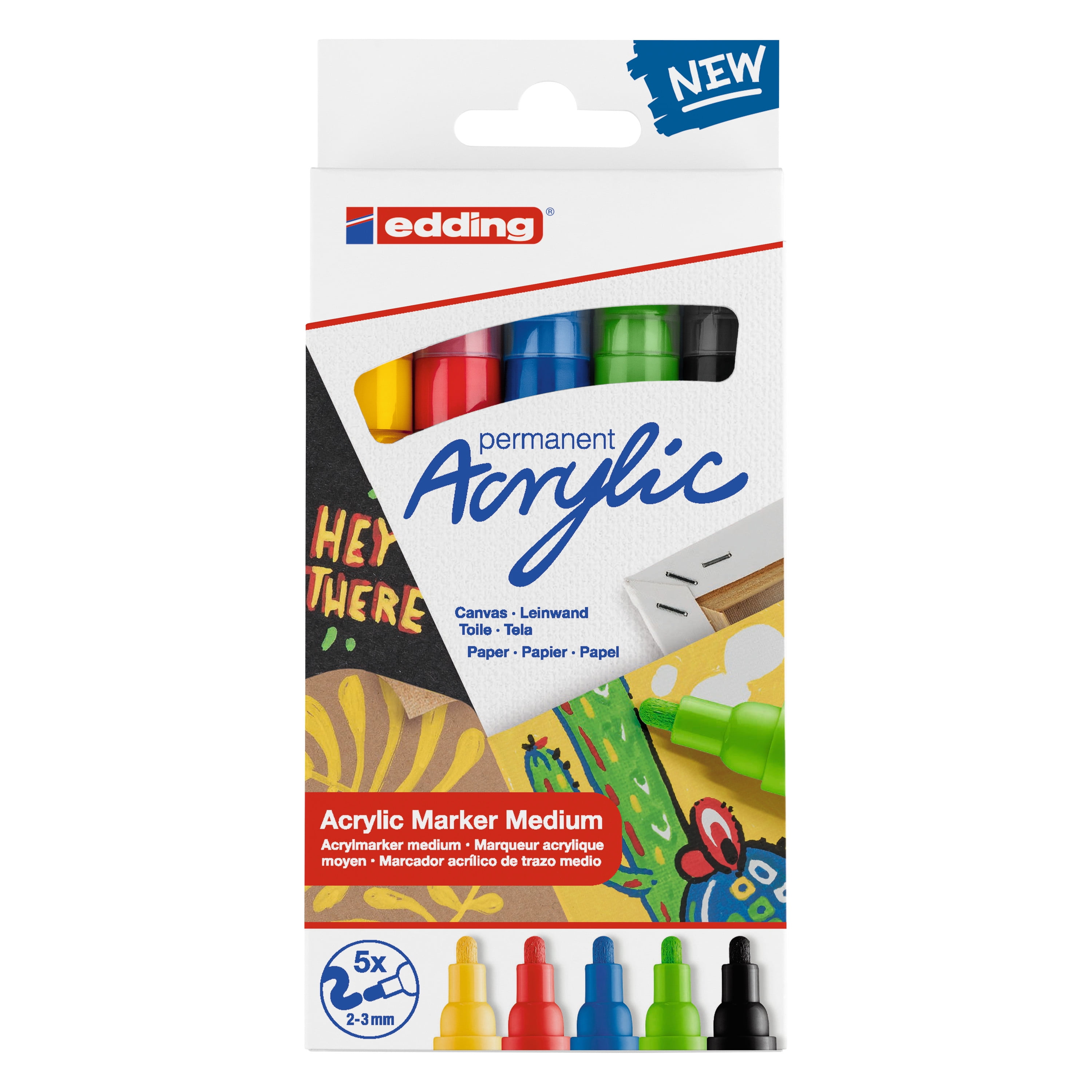 Edding 5100 Acrylic Marker Medium Sets, 5-Marker Basic Colors Set