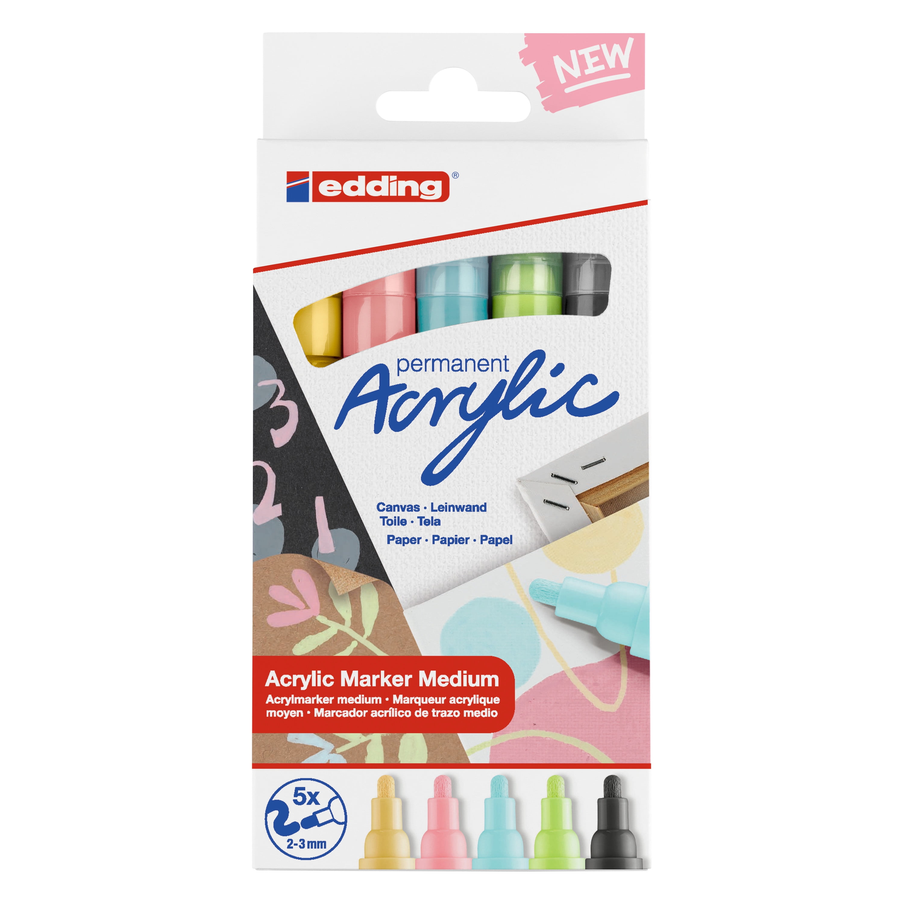 Edding 5100 Acrylic Marker Medium Sets, 5-Marker Pastel Colors Set